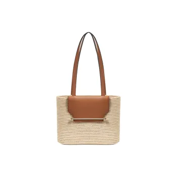 Strathberry Raffia Grained Calfskin Handbag Shoulder Bag Small Size Women's Natural & Brown Umber