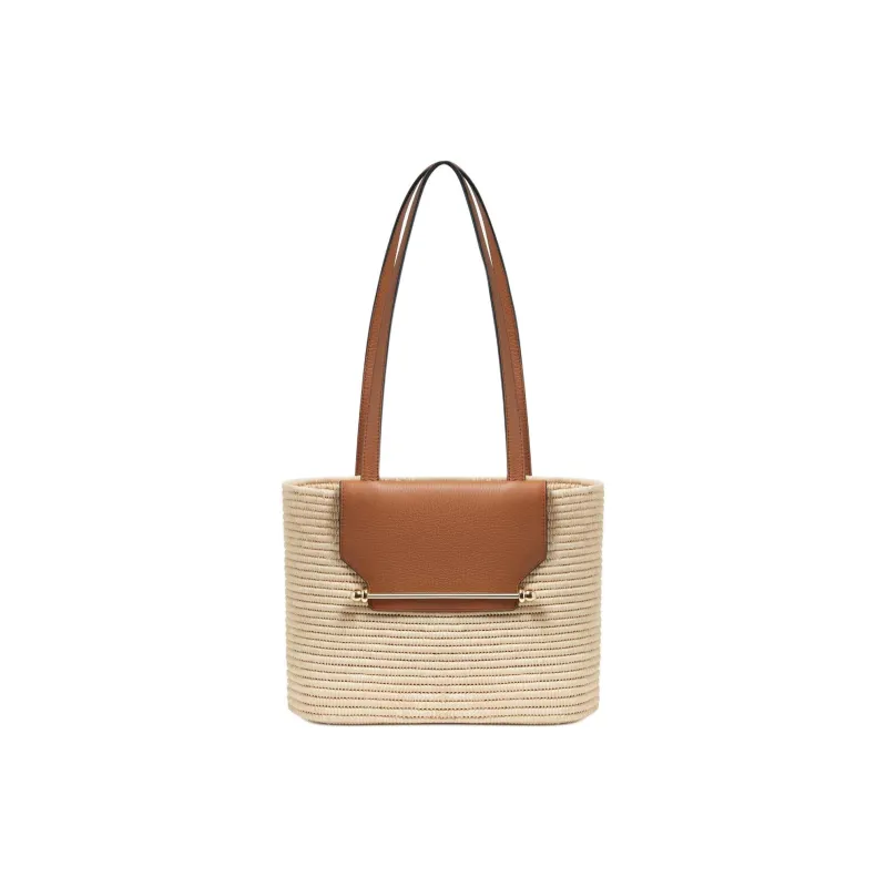 Strathberry Raffia Grained Calfskin Handbag Shoulder Bag Small Size Women's Natural & Brown Umber-0