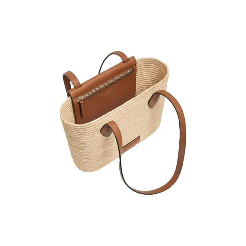 Strathberry Raffia Grained Calfskin Handbag Shoulder Bag Small Size Women's Natural & Brown Umber-3