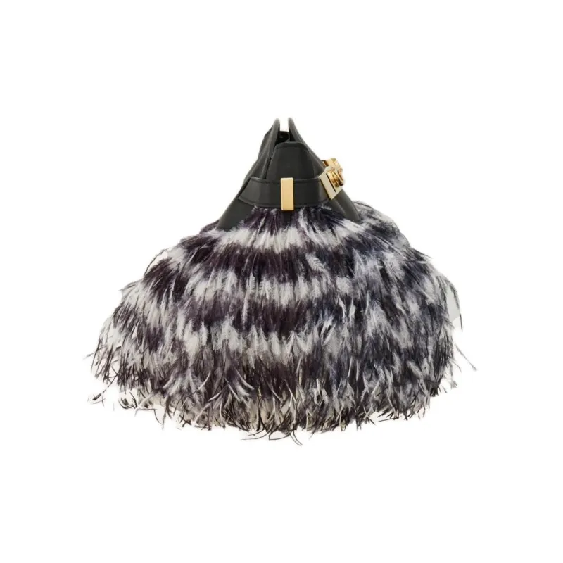 FERRAGAMO GANCINI Calfskin With Ostrich Leather Accents Shoulder Bag Crossbody Bag Small Size Women's Black & White-1