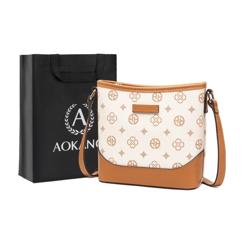 AOKANG PVC Bucket Bag, Mom Bag, Shoulder Bag Women's Coffee/Ecru-4