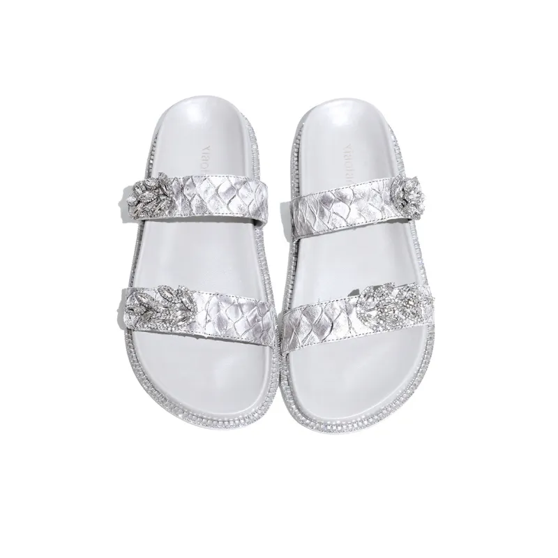 XIAOFAMIAO Slip Resistant Odor Resistant Abrasion Resistant Slide Slippers Women's Silver-3