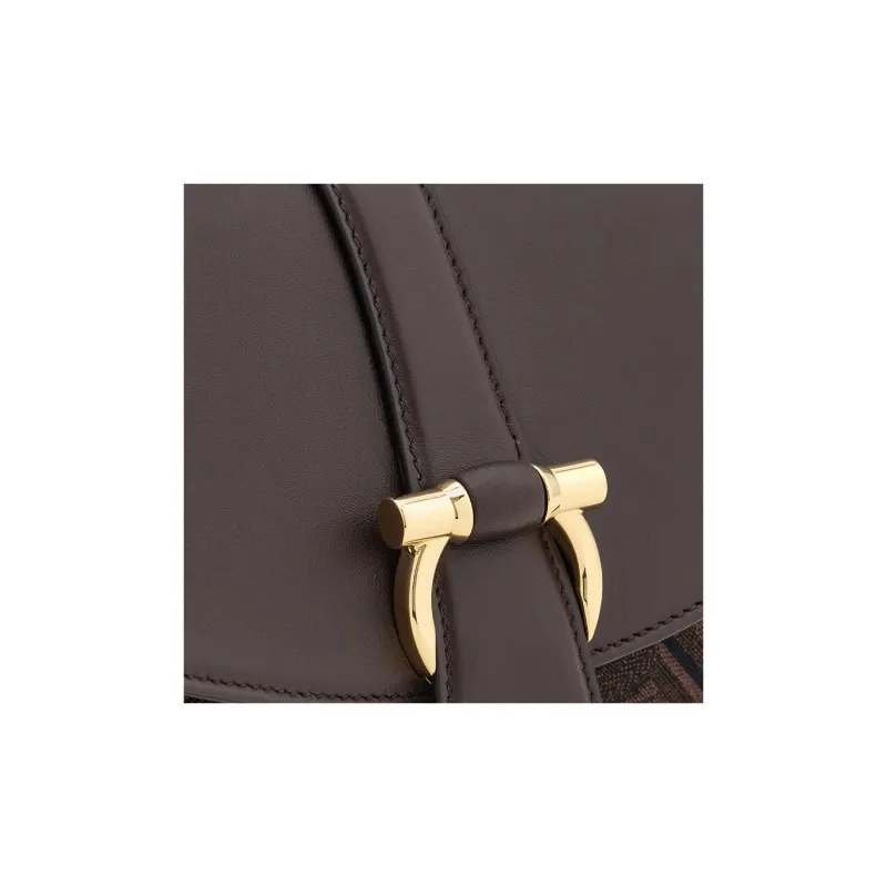 FERRAGAMO GANCINI Calfskin Patchwork Fabric Clutches Shoulder Bag Crossbody Bag Small Size Women's Coffee-4