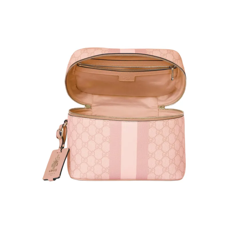 GUCCI Ophidia Canvas With Leather Binding Portable Makeup Travel Storage Bag Medium Size Women's Gray Pink-6