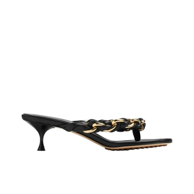 Bottega Veneta Dot Leather Patchwork Abrasion Resistant Flip Flops Women's Black-1