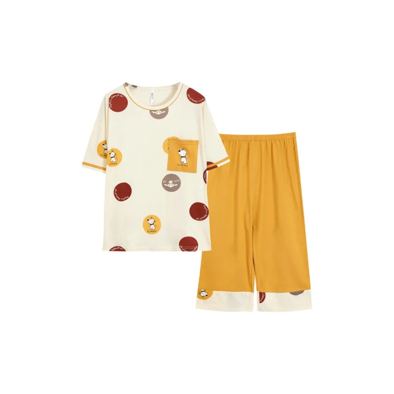 Red Beans At Home Pajama Set Women's Beige-0