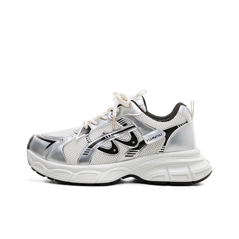 HUANQIU Abrasion Resistant Slip Resistant Low Top Chunky Sneakers Women's White Silver-0