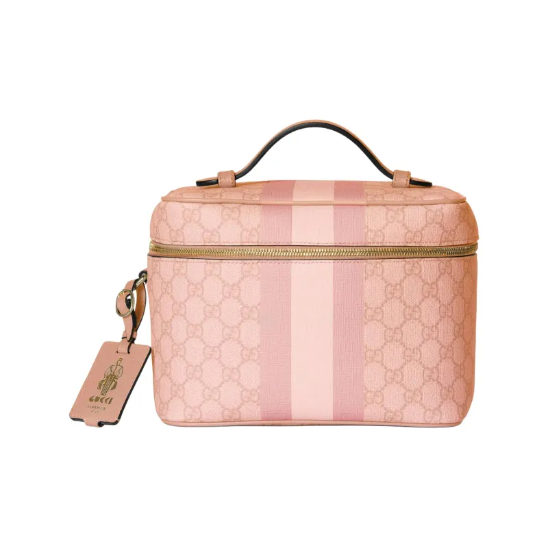 GUCCI Ophidia Canvas With Leather Binding Portable Makeup Travel Storage Bag Medium Size Women's Gray Pink-0