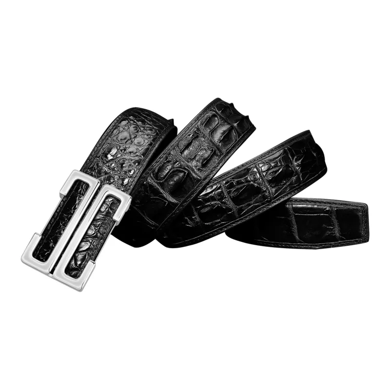 Jaylen Oos Smooth Buckle Crocodile Bone Leather Stainless Steel Leather Belts Men's Black 3.8cm-2