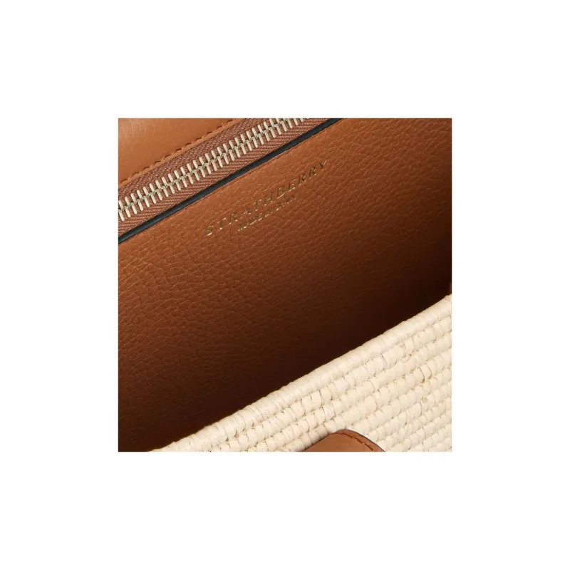 Strathberry Raffia Grained Calfskin Handbag Shoulder Bag Small Size Women's Natural & Brown Umber-4