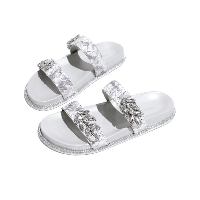 XIAOFAMIAO Slip Resistant Odor Resistant Abrasion Resistant Slide Slippers Women's Silver-2
