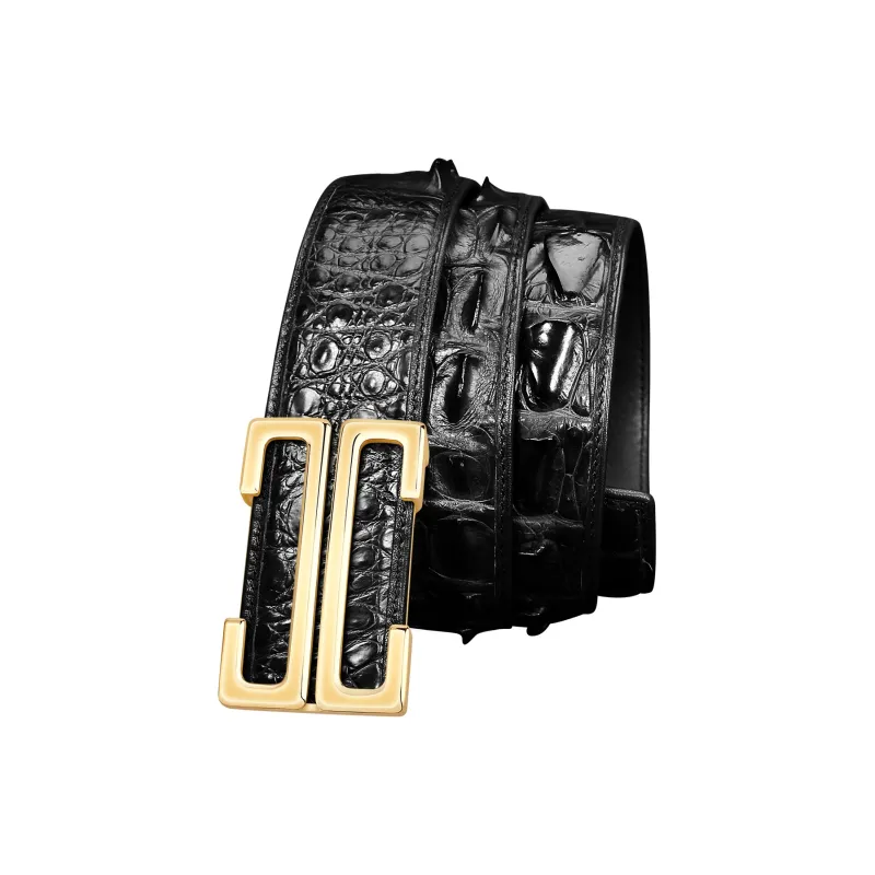 Jaylen Oos Smooth Buckle Crocodile Bone Leather Stainless Steel Leather Belts Men's Black 3.8cm-5