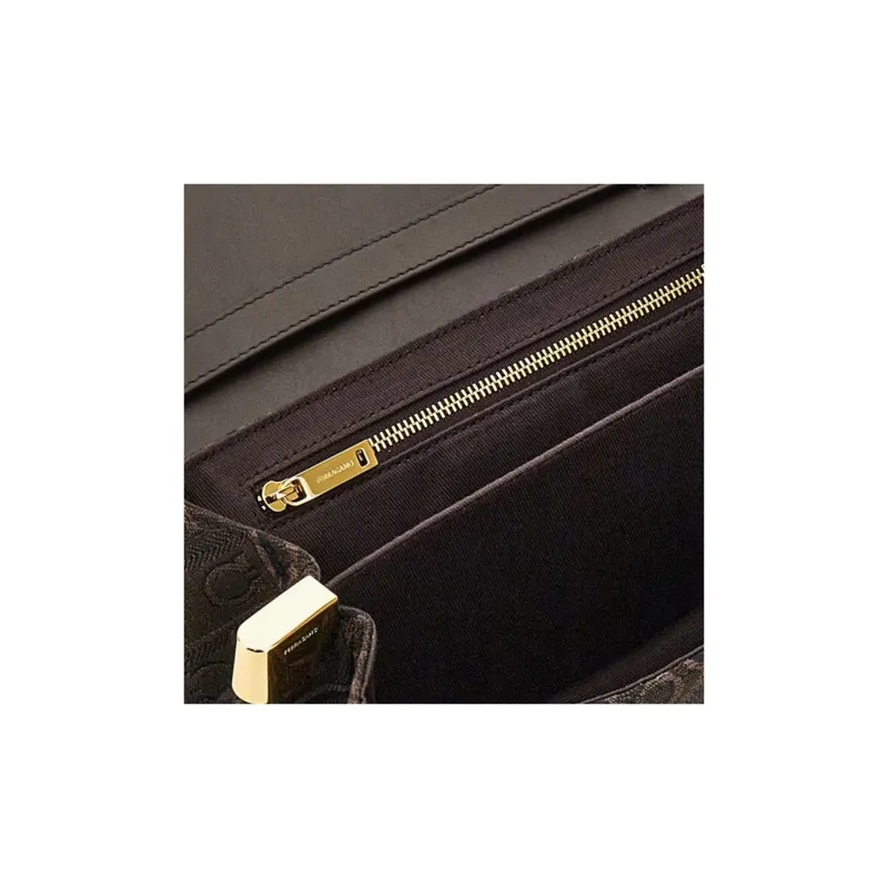 FERRAGAMO GANCINI Calfskin Patchwork Fabric Clutches Shoulder Bag Crossbody Bag Small Size Women's Coffee-5