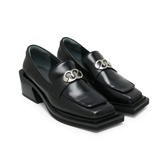 Lost In Echo Commute Block Heel Platform Height Increasing Leather Shoes Loafers Women's Black-1