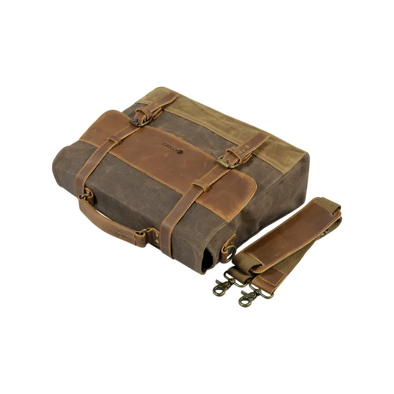 COTECi Top Grain Cow Leather With Canvas Shoulder Bag, Crossbody Bag, Handbag Regular Unisex Black/Brown-7