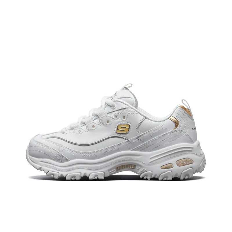 Skechers D'LITES 1.0 Cushioned Slip Resistant Breathable Low Top Chunky Sneakers Women's White Gold-1