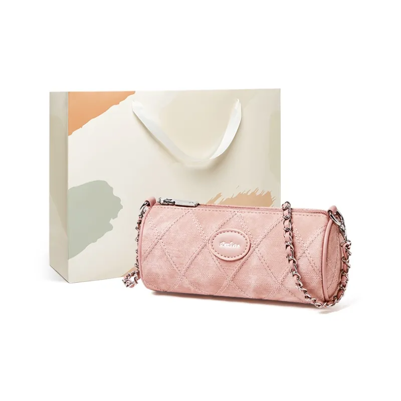 15 MINS Synthetic Leather Cylinder Bag Shoulder Bag Regular Women's Denim Blue/Dusty Pink-3