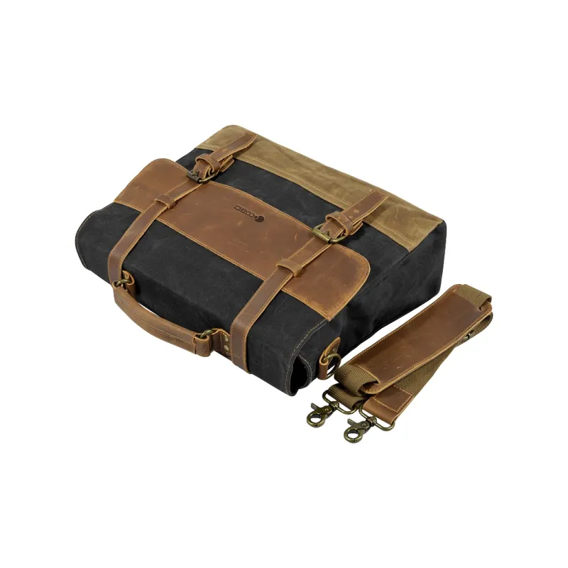 COTECi Top Grain Cow Leather With Canvas Shoulder Bag, Crossbody Bag, Handbag Regular Unisex Black/Brown-2