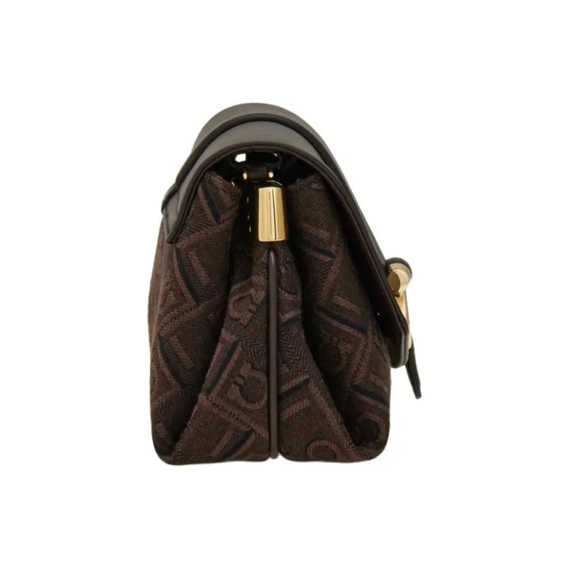 FERRAGAMO GANCINI Calfskin Patchwork Fabric Clutches Shoulder Bag Crossbody Bag Small Size Women's Coffee-1