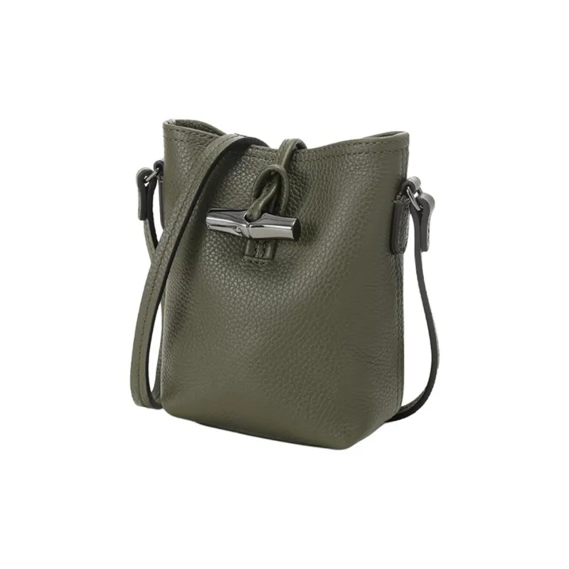 LONGCHAMP Roseau Cow Leather Bucket Bag, Shoulder Bag, Crossbody Bag Women's Khaki Green-1
