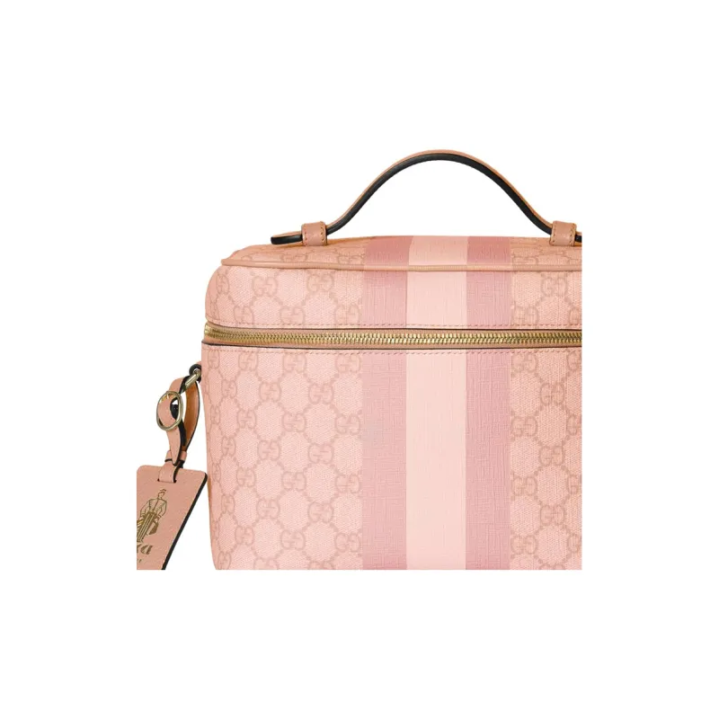 GUCCI Ophidia Canvas With Leather Binding Portable Makeup Travel Storage Bag Medium Size Women's Gray Pink-8