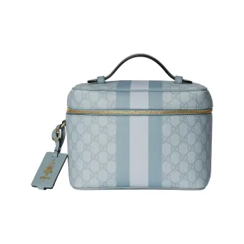 GUCCI Ophidia Canvas With Leather Binding Portable Travel Makeup Storage Bag Medium Size Women's Gray Blue