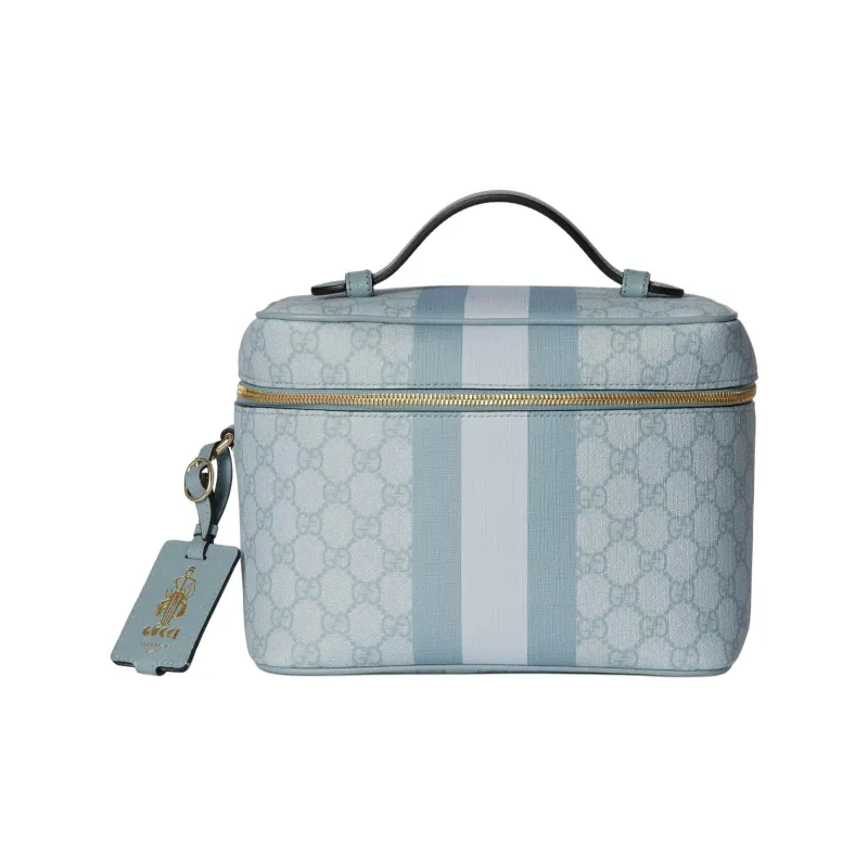 GUCCI Ophidia Canvas With Leather Binding Portable Travel Makeup Storage Bag Medium Size Women's Gray Blue-0