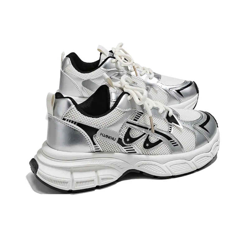 HUANQIU Abrasion Resistant Slip Resistant Low Top Chunky Sneakers Women's White Silver-2