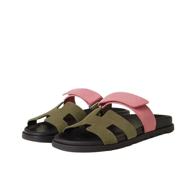 HERMES Chypre Slide Slippers Women's Green Pink-2