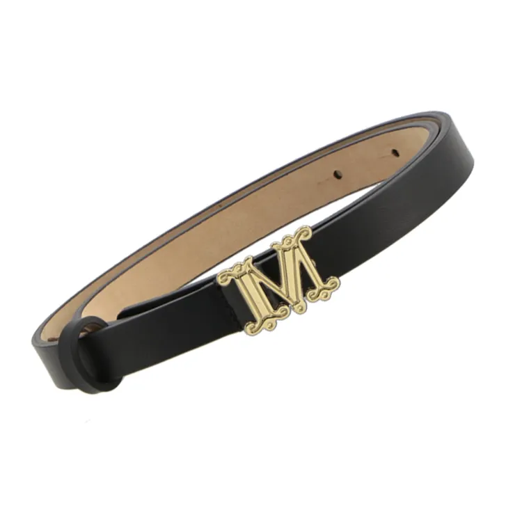 MaxMara Logo Design Smooth Buckle Leather Leather Belts Women's Black Width 1.5CM-2