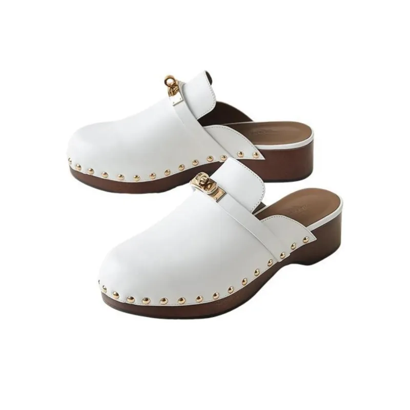 HERMES Carlotta Closed Toe Slippers Women's White-2