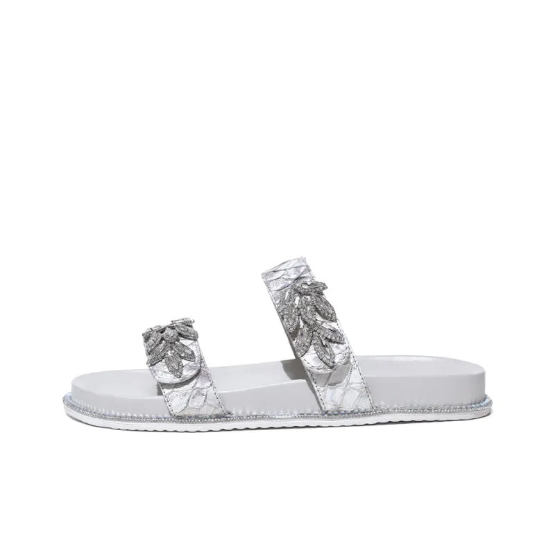 XIAOFAMIAO Slip Resistant Odor Resistant Abrasion Resistant Slide Slippers Women's Silver-0
