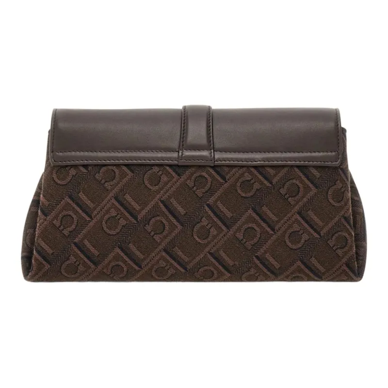 FERRAGAMO GANCINI Calfskin Patchwork Fabric Clutches Shoulder Bag Crossbody Bag Small Size Women's Coffee-2