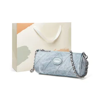 15 MINS Synthetic Leather Cylinder Bag Shoulder Bag Regular Women's Denim Blue/Dusty Pink