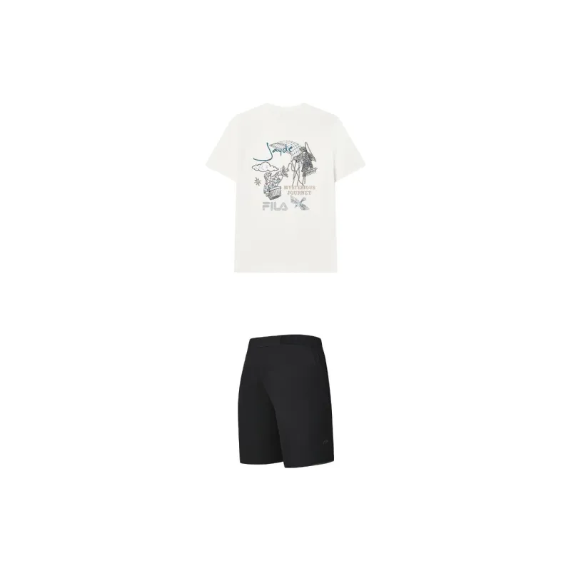 FILA Casual Sportswear Men Clothing Set Cloud White Top+Pitch Black Shorts-1