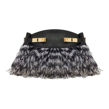 FERRAGAMO GANCINI Calfskin With Ostrich Leather Accents Shoulder Bag Crossbody Bag Small Size Women's Black & White