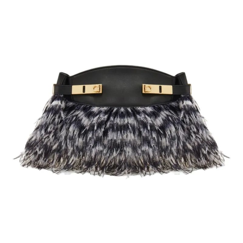 FERRAGAMO GANCINI Calfskin With Ostrich Leather Accents Shoulder Bag Crossbody Bag Small Size Women's Black & White-0