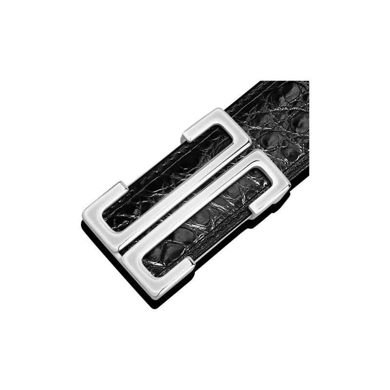 Jaylen Oos Smooth Buckle Crocodile Bone Leather Stainless Steel Leather Belts Men's Black 3.8cm-4