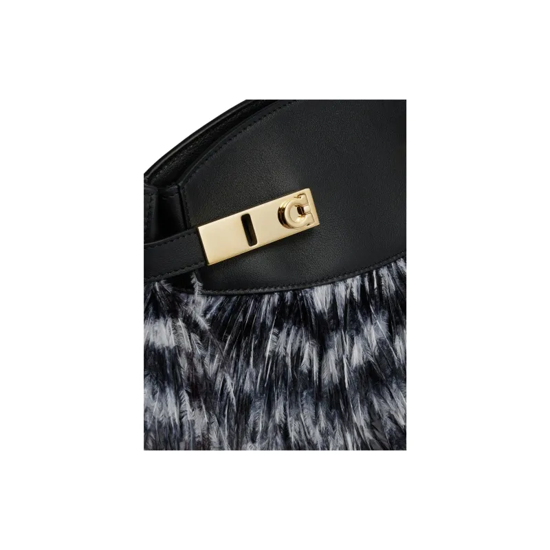 FERRAGAMO GANCINI Calfskin With Ostrich Leather Accents Shoulder Bag Crossbody Bag Small Size Women's Black & White-3