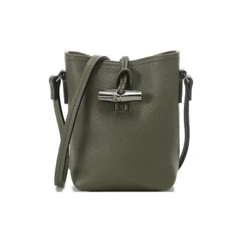 LONGCHAMP Roseau Cow Leather Bucket Bag, Shoulder Bag, Crossbody Bag Women's Khaki Green