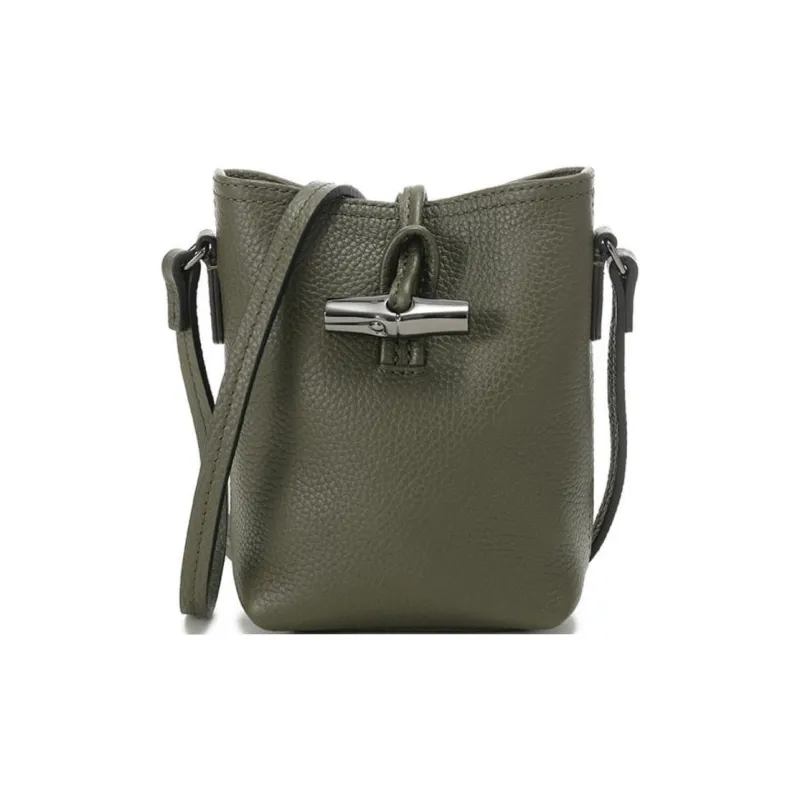 LONGCHAMP Roseau Cow Leather Bucket Bag, Shoulder Bag, Crossbody Bag Women's Khaki Green-0
