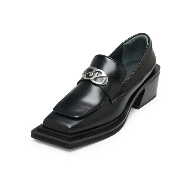 Lost In Echo Commute Block Heel Platform Height Increasing Leather Shoes Loafers Women's Black-2