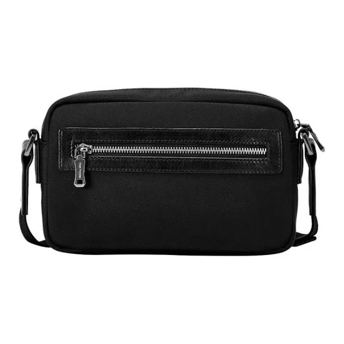 Hush Puppies Cow Leather Patchwork With Fabric Crossbody Bag Medium Size Men's Black Jasper-2