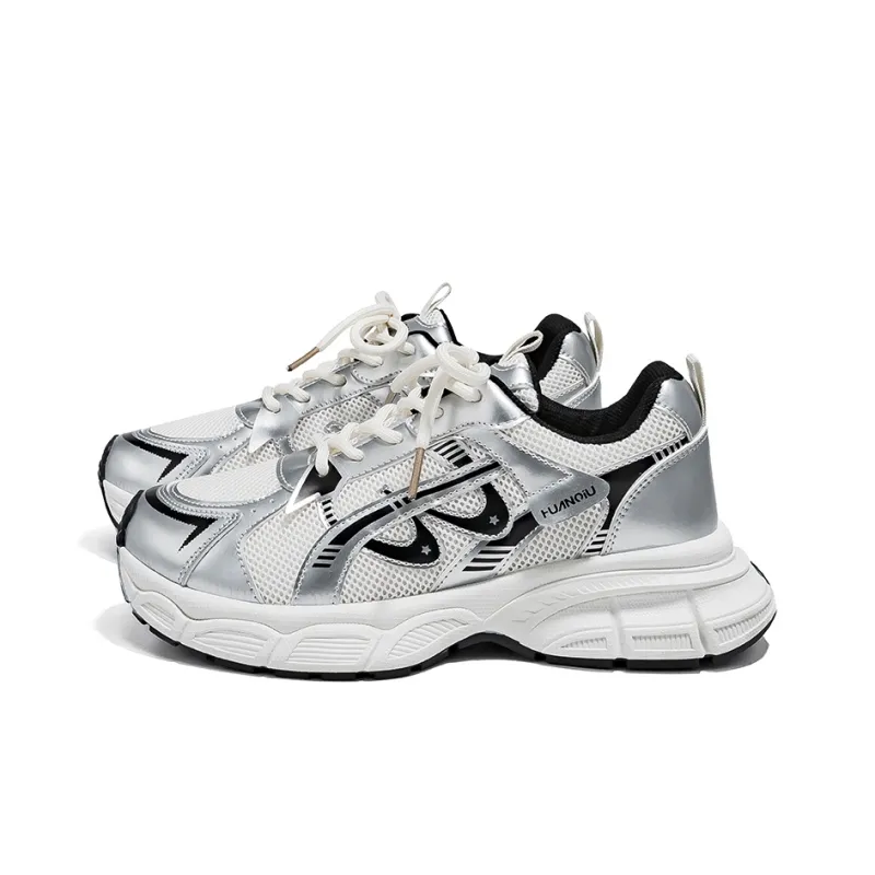 HUANQIU Abrasion Resistant Slip Resistant Low Top Chunky Sneakers Women's White Silver-1