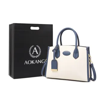 AOKANG Cow Leather Tote Small Square Bag Shoulder Bag Crossbody Bag Handbag Mom Bag Medium Size Women's Ecru/Pearl Blue