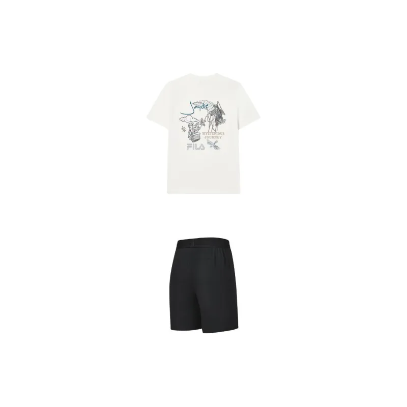 FILA Casual Sportswear Men Clothing Set Cloud White Top+Pitch Black Shorts-1