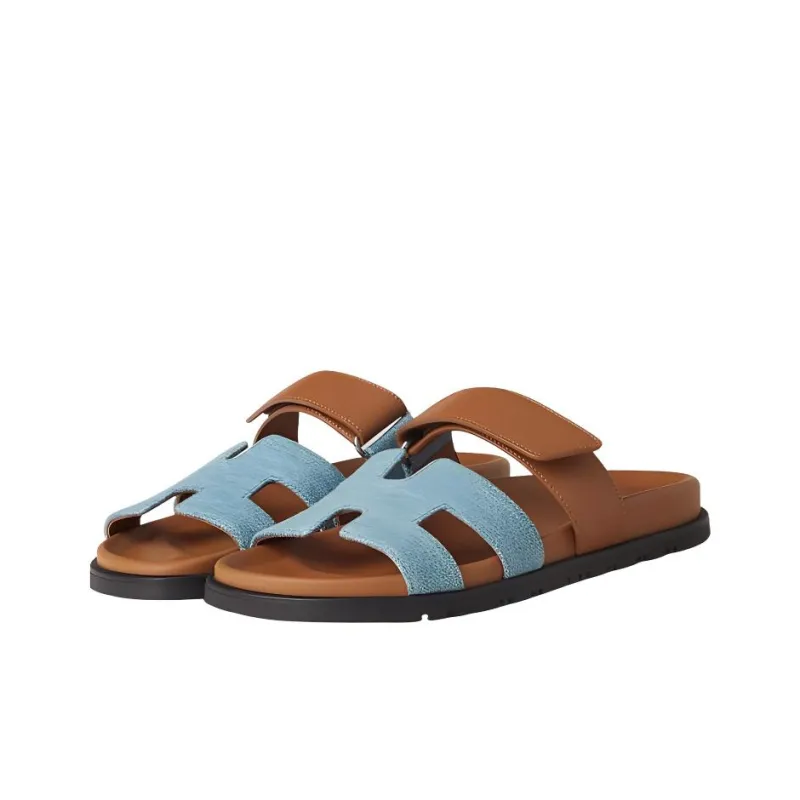 HERMES Chypre Slide Slippers Women's Blue Brown-2