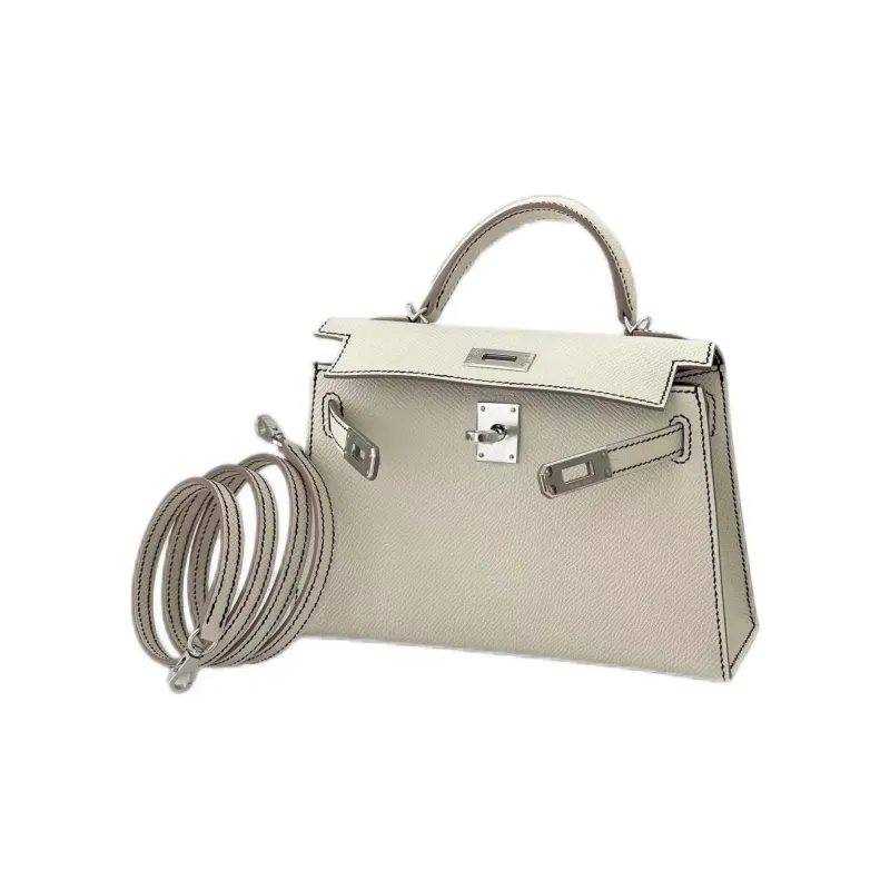 HERMES Mini Kelly Epsom Leather Shoulder Bag Crossbody Bag Handbag Mini Women's Milkshake White With Black Accents-0