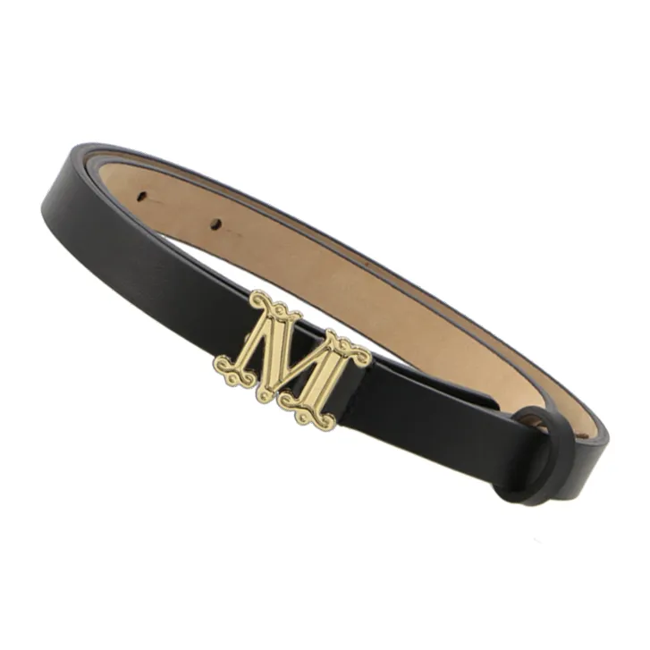 MaxMara Logo Design Smooth Buckle Leather Leather Belts Women's Black Width 1.5CM-1