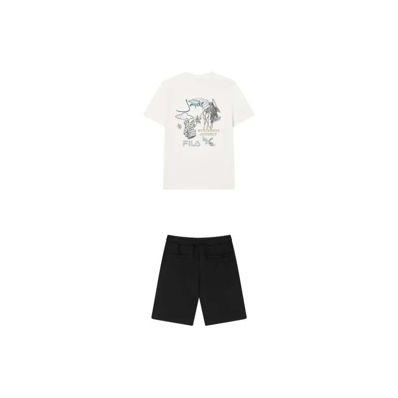FILA Casual Sportswear Men Clothing Set Cloud White Top+Black Shorts-1
